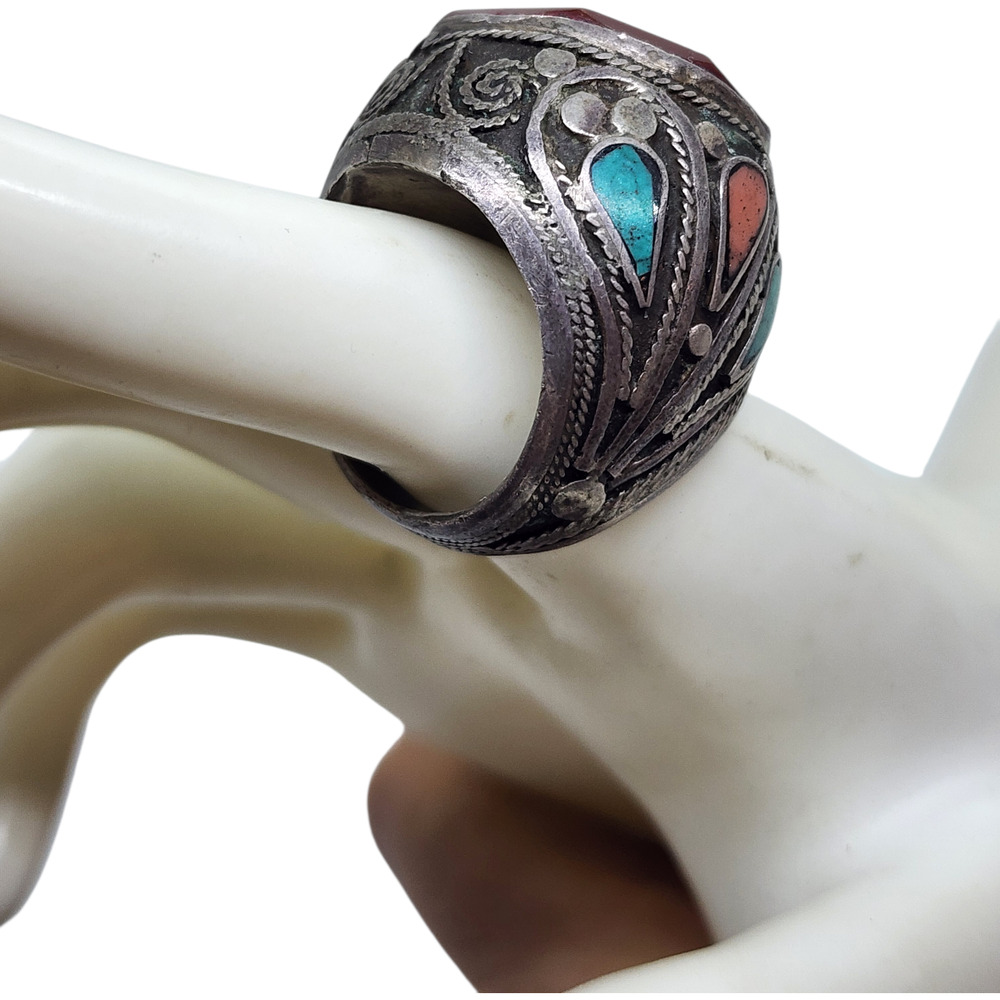 Vintage Ring Turkmen Silver Carved Turquoise Coral Inlay Sz 8.5 Arabic BIG - Picture 4 of 16